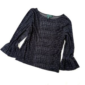 Lauren Ralph Lauren Rayon Bell Sleeve Top Black Croc Print Animal Print L